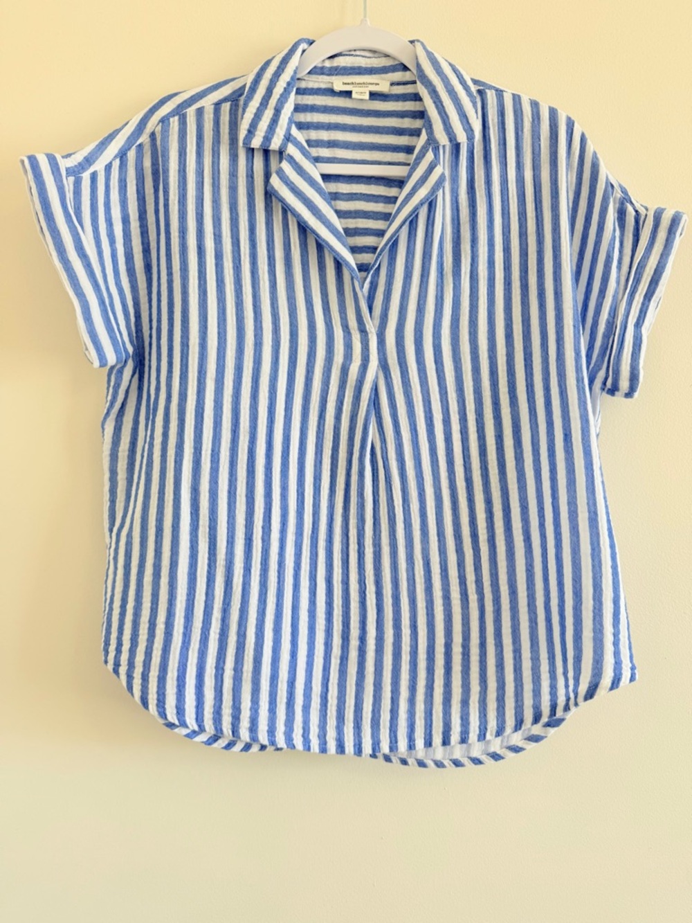 Beachlunchlounge Collection Blue And White Striped Gauze Collared Top Size S